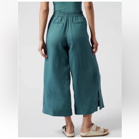 Athleta Playa Linen Wide Crop Borealis Green 100% Linen Zipper Pockets - Picture 3 of 6